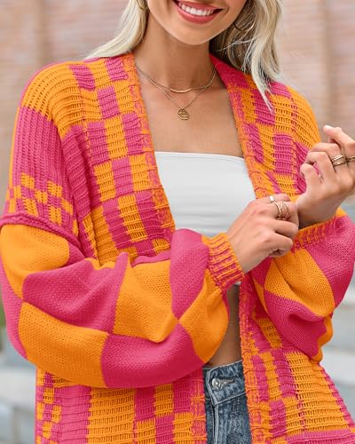Image of BTFBM Casual Cardigan Sweater for Women Fall 2026 Long Sleeve Open Front Chunky Knit Sweaters Checkered Outwear Coat
