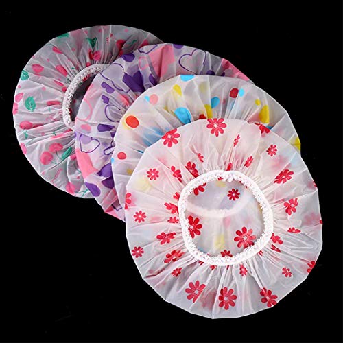 Dreamyn 4 Pieces Waterproof EVA Plastic Shower Cap Elastic Reusable Bathing Hair Cap Beauty Lace Salon Spa Shower Cap for Women Environmental Protection Bath Hats (set1)