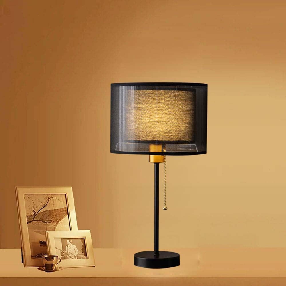 Mengjay Lampada da Tavolo Moderna, Base in Metallo Nero, Paralume in Tessuto, Altezza 49 cm, Interruttore a Catenella (Stile: Nero)