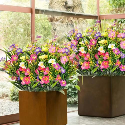 Artificial Flowers for Outdoors, 6 Bundles Fake Faux Spring Flowers Artificial Outdoor Plastic Silk Flower Bulk for Garden 6 Colors image 1