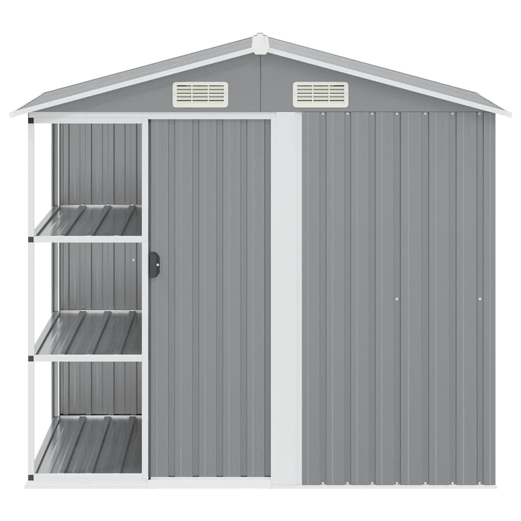 Gartenhaus mit Regal Grau 205x130x183 cm verzinktes Eisen mit Schiebetür und Lüftungsschlitzen für Gartenlagerung und Werkzeugeinsatz im Außenbereich