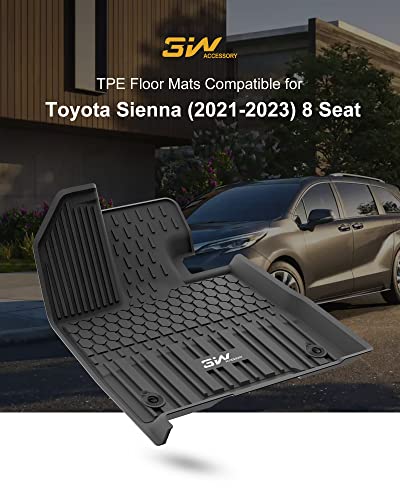 3W Floor Mats & Cargo Liner Fit Toyota Sienna 2021-2023 (Only For 8 Seat With Spare Tire), Tpe All Weather Custom Fit Floor Liner For Sienna 1St, 2Nd And 3Rd Row And Trunk, Black #TOP1