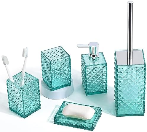 Yueranhu Teal Blue Bathroom Accessories Set, 6 pcs Acrylic Bathroom Decor Gift Set – Toothbrush Holder, Toothbrush Cup, Soap/Lotion Dispenser, Toilet Brush and Holder, Soap Dish, Housewarming Gift