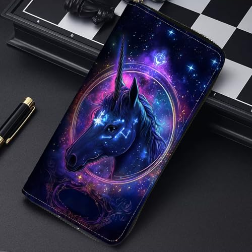 Image of RFID Blocking Leather Wallet for Women - Large Capacity Zip Around Clutch with 8 Card Slots,13 Cash Pockets & Coin Zipper,Galaxy Nebula Horse