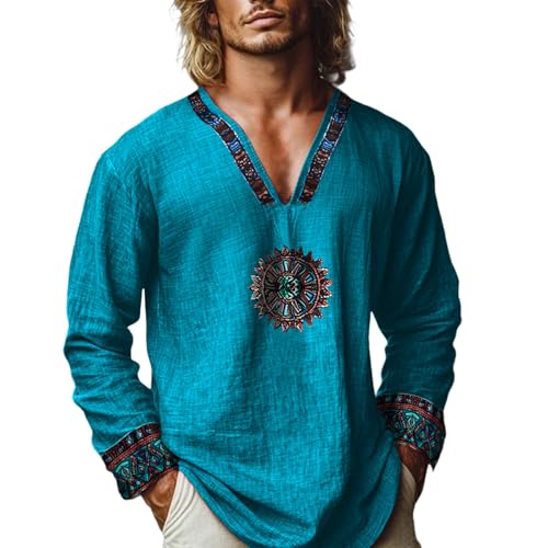 Xiaojmake Men's Henley Shirt Long Sleeve African Print Embroidered Gauze Shirts Casual V Neck Cotton Linen Beach Hippie Shirt