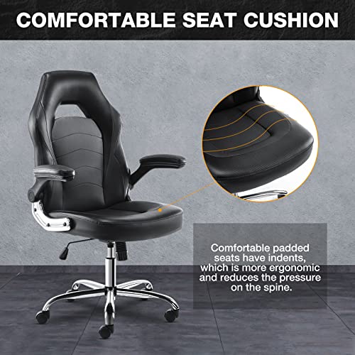 Image of OLIXIS Ergonomic Gaming Office Chair - PU Leather Executive Swivel Computer Desk Chair with Flip-up Armrests and Lumbar Support for Working, Studying, Gaming, Grey, Black (95black)