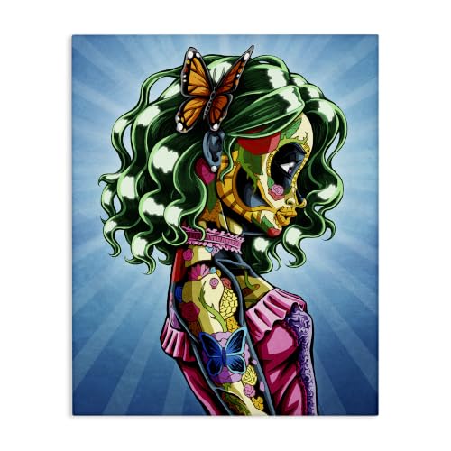 Bold Style Detailed Tattooed Girl Green Hair, 24 x 30 Inch Canvas Wall Art