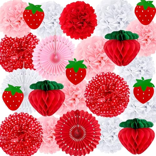 21PCS Strawberry Party Decorations Set Red Pink White Tissue Pom Poms Honeycomb Balls Garland Strawberry Pull Flag Ideal for Birthday Party Bridal and Baby Showers Strawberry Themed Party Supplies