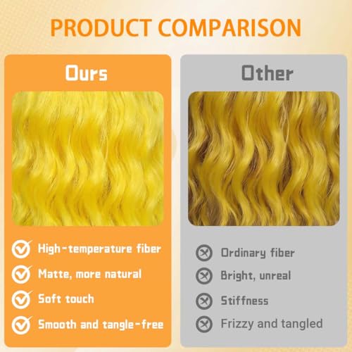 Image of Pastel Yellow Wavy Bob Wig for Women, Short Shoulder Length Synthetic Wig with Bangs, Matte Natural Realistic Look Lightweight Hairpiece, Yellow Color for Daily Wear & Cosplay Costume