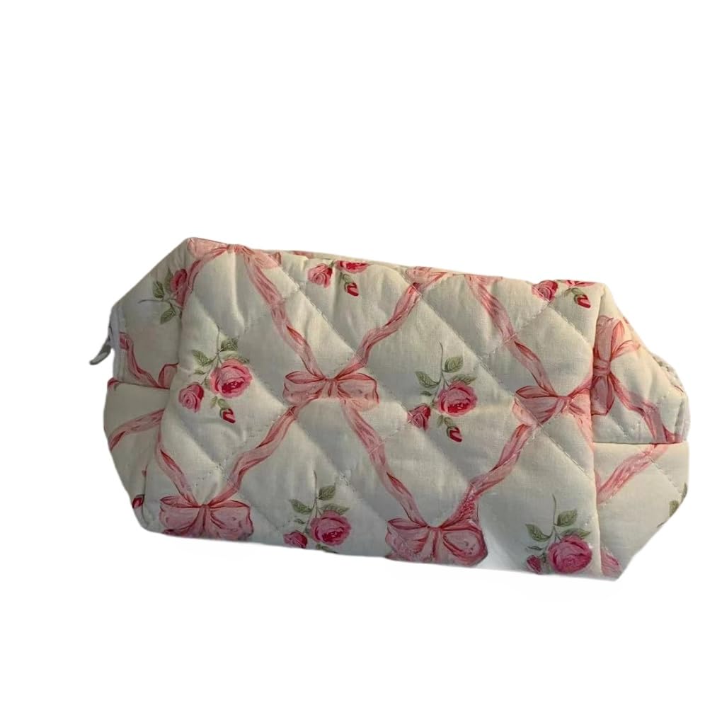 irLocy Coquette Bow Y2k Makeup Bag Cute Quilted Make Up Pouch Small Preppy Floral Cosmetic Bag Toiletry Organizer Bag (pink flower)