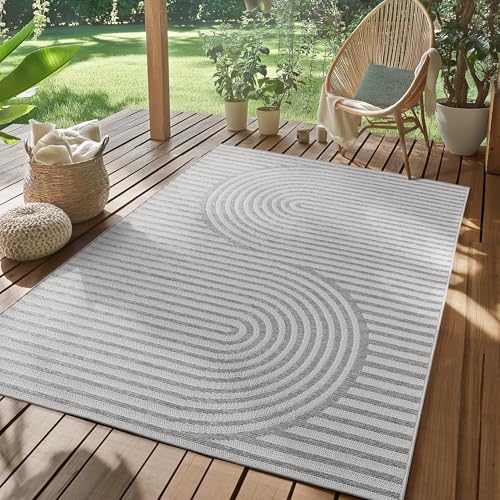 SIMPEX Outdoor Teppich Wetterfest Grau 120x170 cm, UV-beständig, ideal für Küche, Balkon, Terrasse, Garten Wohnzimmer Esszimmer, Skandinavisches Boho-Design, Pfelgeleicht