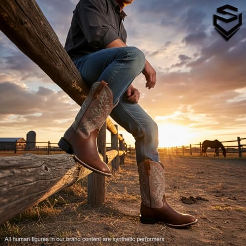 Image of SUREWAY Cowboy Boots For Men - Mens Square Toe Western Boot,Oil /Slip Resistant,Durable Fashionable Classic Pull on 10 Inch Boots Mid Calf Wellington Boots