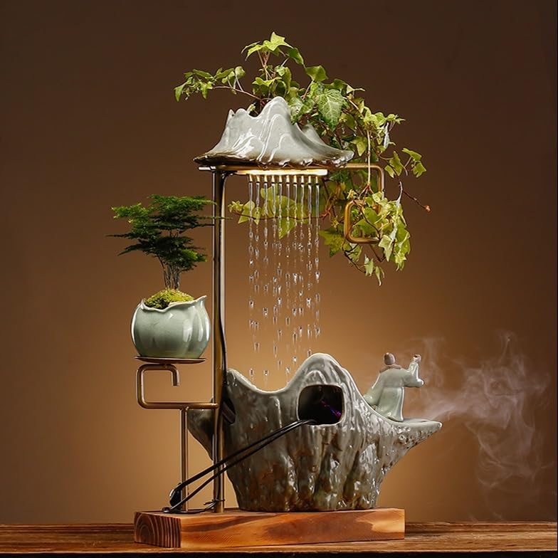Fuente Decorativa de jardín, Fuente de Agua con Cascada, de cerámica, con función humidificadora, Rueda de Agua, Feng Shui Zen, decoración para salón, Dormitorio, Oficina