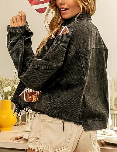 happlan Football Sequin Embroidery Rugby Cropped Frayed Hem Vintage Washed Corduroy Jacket Coat Shacket for Women4