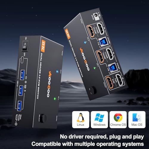KVM Switch 2 Monitors 2 Computers 8K@60Hz/4K120Hz,HDMI USB3.0 Dual Monitors KVM Switches with 4 USB 3.0 Port,Wired Remote,USB3.0 Cables Included(8K 2 PC 2 Monitor KVM) - Thumbnail 7