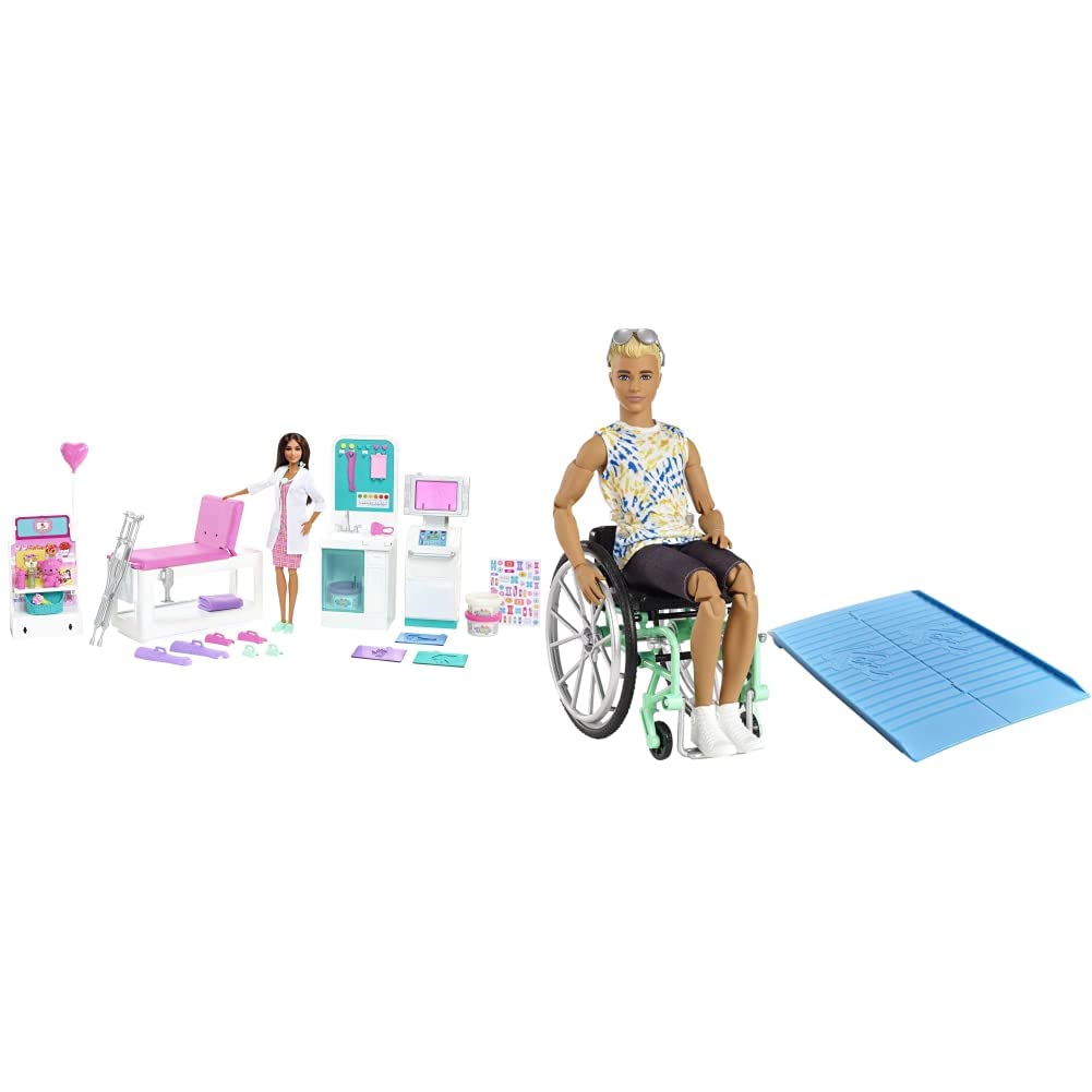 Barbie Clinic Playset, Brunette Doctor Doll, 30+ Play Pieces & Ken Fashionista Doll #167 with Wheelchair & Ramp Wearing Tie-Dye Shirt, Black Shorts, White Sneakers & Sunglasses, GWX93
