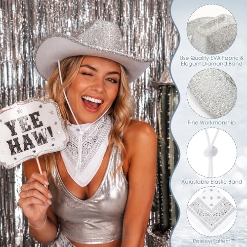 Image of Coume 12 Pcs Sparkly Adults Cowboy Hat and Bandanas Women Men Western Glitter Cowgirl Party Hats with Adjustable Drawstring