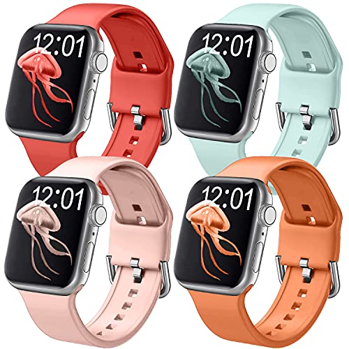 Band4u Pack 4 Silicone Bands Compatible with Apple Watch Band 41mm 45mm 38mm 40mm 42mm 44mm,Soft Silicone Replacement Bands Compatible with iWatch Series 7/6/5/4/3/2/1 SE