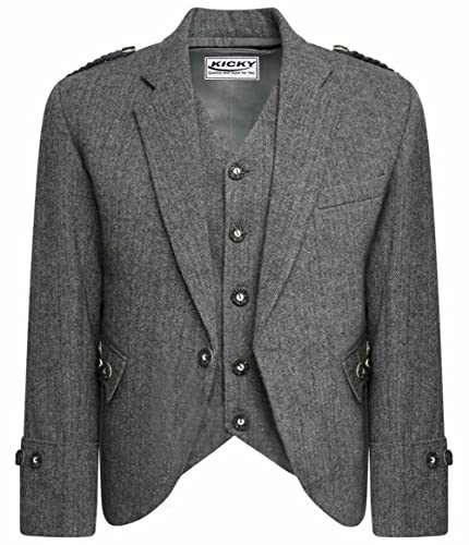Argyle Jacket With Waistcoat 100% Wool, Tweed, Grey Color by Kicky, Argyle jacket for kilt men, Argyle Highland jacket