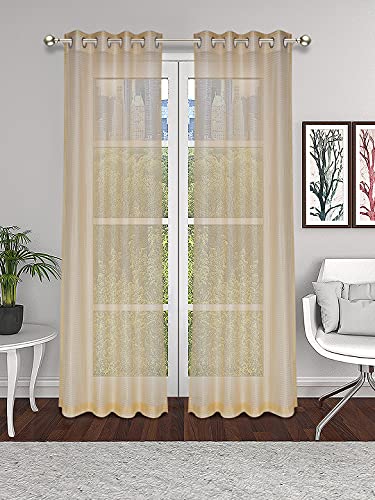 Image of Set of 2 Pcs Sheer Premium Lightweight Tissue Fabric Solid Gold Color Eyelet Door Curtain, 2 Pc Door Curtain 7ft