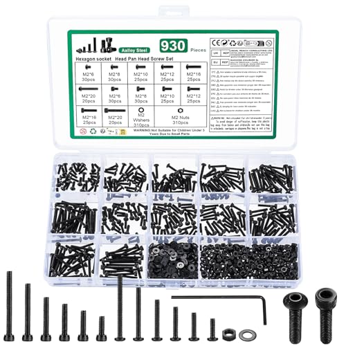 930 Pcs M2 Bolts and Nuts Set with Washers, Hex Socket Head Cap Screws Bolt Set & Hex Socket Button head Cap Screw, Small Pan Hear Machine screws bolts, 12.9 Grade/10.9 Grade Carbon Steel, Black