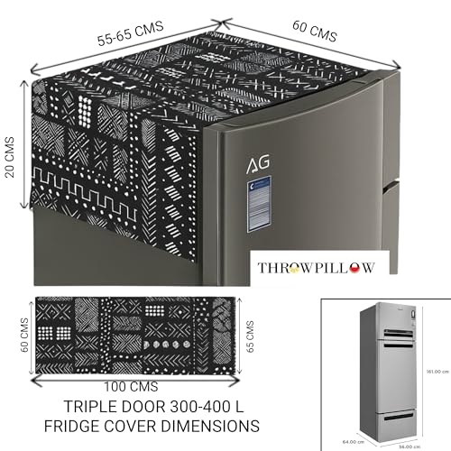 Image of Triple Door Fridge Cover 100-250L | 450 GSM Durable Fridge Top Cover with Tassels & Pockets | Fits Godrej, LG, Haier, Samsung Models | Dustproof Refrigerator Cover in Mud Cloth | WWW.THROWPILLOW.IN