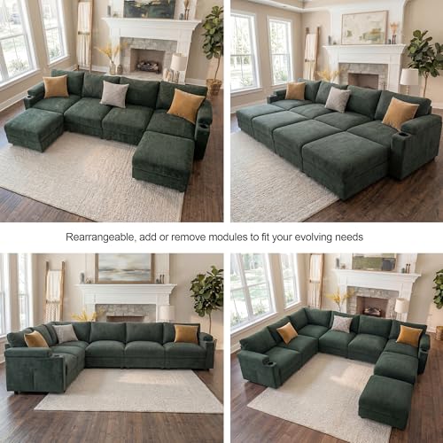 Image of Sectional Couches for Living Room FSC Certified Chenille Modular Couch Oversized Cloud U Shaped Convertible Sleeper Sofa Chaise Detachable Armrest Cushion (Chenille Green, L Shape 6 Seat)