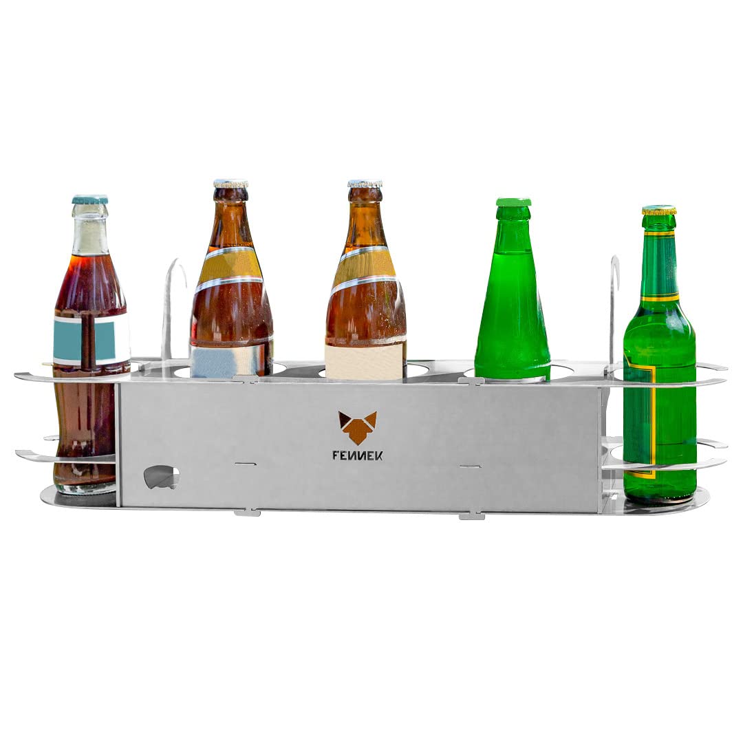 FENNEK 5- Fach Getränkehalter aus Edelstahl 5er Keeper | mit Flaschenöffner | Perfekt für Fußball- und Tennisplatz | inkl VA Seil als Diebstahlschutz | Made in Germany