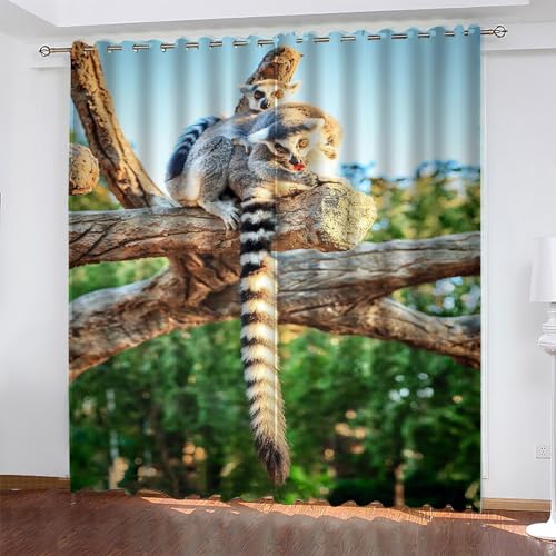 Cortinas Dormitorio Animal Cortinas Salon LéMur de Cola Anillada, Cortina con Ojal para Decorar de la Oficina en el Hogar 2 Piezas 140An x 160Al, Protección de la Intimidad Protección Solar