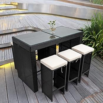 Alternative view of HomSof 7 Piece Patio Rattan Wicker Outdoor Furniture Bar Set with 6 Stools Removeable Cushions and Temper Glass Top, Black