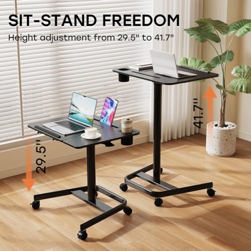 Image of JOY worker Mobile Standing Desk, Height Adjustable Table, 60 Tiltable Rolling Laptop Desk, Portable Sit Stand Desk with Wheels Cup Holder for Bed Couch Hospital, Holds Up to 22lbs, Black