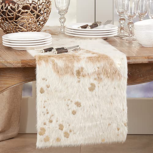 Fennco Styles Gold Metallic Faux Cowhide Table Runner 16  W x 72  L – Ivory Table Cover for Banquets, Family Gathering, Holiday, Special Events and Home Décor