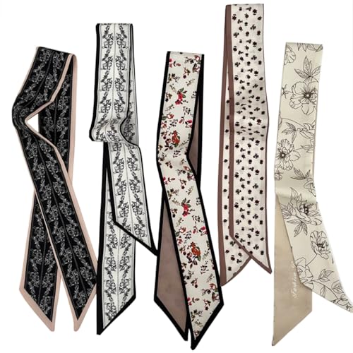 5PCS Floral Scarf for Bags Handbag Handle Ribbon Satin Neck Scarf Neckerchief Headbands Hair Scarf for Women Girls