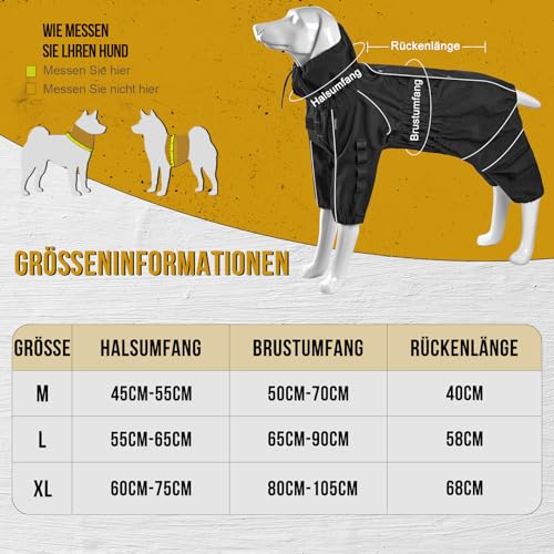 OneTigris Regenmantel Hund, RIDERSTORM Regenjacke wasserdichte Kältebeständig mit Abnehmbarer Kapuze Reflektierender Verstellbarer Hunderegenjacke Maschinenwaschbar Schwarz M