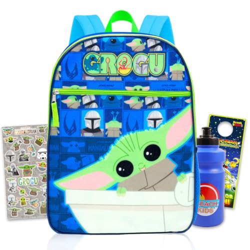 Conjunto de mochila Baby Yoda para meninos – Pacote com mochila Star Wars de 38 cm, garrafa de água, adesivos, mais | Bolsa escolar Mandalorian Baby Yoda para crianças