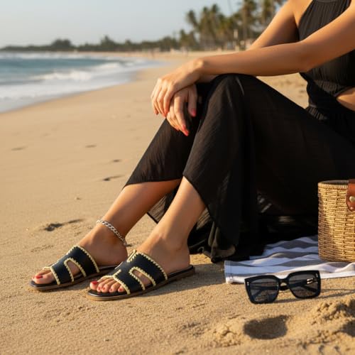 Image of CUSHIONAIRE Voyage Cutout Strap Slides for Women, Slip On Summer Flats, Trendy Footwear, Memory Foam Vegan Leather Comfortable Vacation Style Sandals