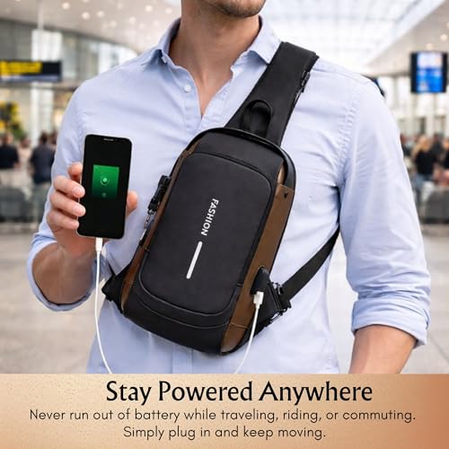 Image of DESYN Multifunctional PU Leather Sling Bag for Men & Women | Anti-Theft Crossbody & Shoulder Bag with Password Lock & USB Charging Port | Waterproof Lightweight Chest Pack for Travel & Office