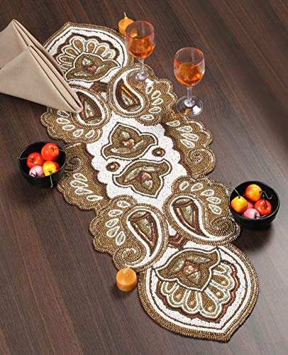 Beaded Christmas Table Runner, Glitz Table Runner, Gold Beaded Runner, Fancy Table Runner, Handmade Decorative Embroidery Runner For Christmas Xmas New Year Family Party Decoration - 13X36 Paisley #TOP2