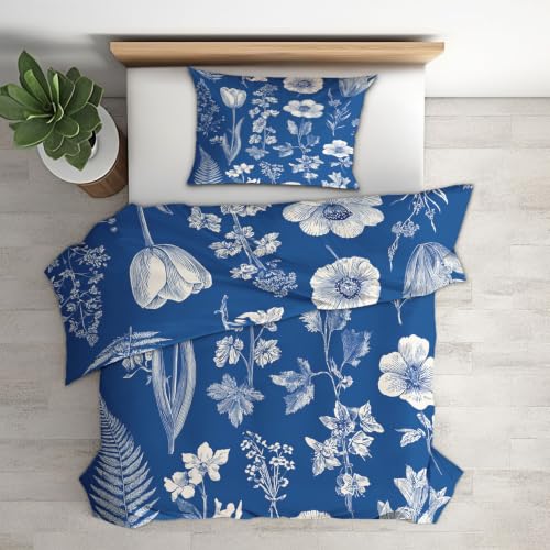 Housse de couette 200x200 en microfibre douce bleue et imprimé botanique - 5