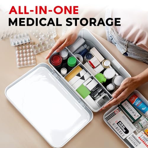 Image of Plexon 8.5 inch Metal First Aid Box Empty, Medicine Storage Bin with Lid, Emergency Supplies Organizer, Portable First Aid Kit Case, White