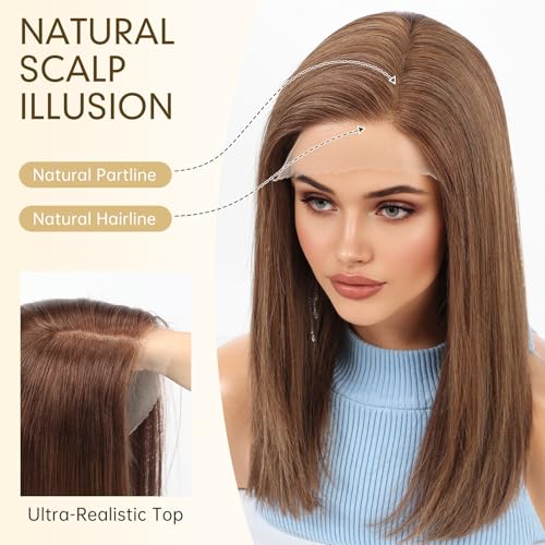 Image of KKU 100% Human Hair Wig, Lace Front Wigs Human Hair Side Part,Brown Wig Human Hair, Real Human Hair Wigs for Women(16Inch)