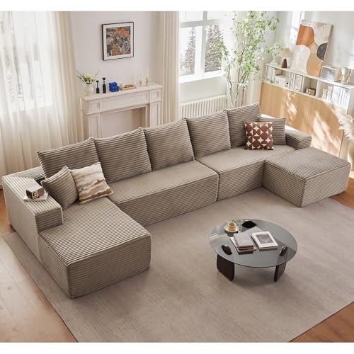 Image of Lakifun 166.9 inch L-Shape Sofa with Ottoman, Modern Modular Sectional Comfy U-Shape Cloud Couch, Deep Seat, Upholstered Corduroy Sleeper Chaise Longue for Living Room Bedroom, No Assembly Required, Camel
