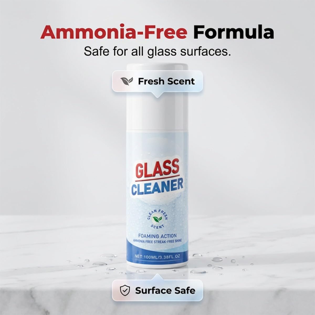Schäumender Glasreiniger für streifenfreien Glanz – Ammoniakfreier Fensterreiniger inkl. Mikrofasertuch – Schnell wirkendes Schaumspray für Spiegel, Fenster, 100 ml (3Pcs)