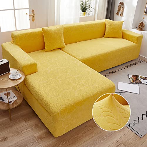 Hoge stretch bank hoes L-vorm bankhoezen sectionele bankstel voor 1 2 3 4 zits, jacquard bankhoezen voor honden katten, zachte meubelbeschermers,Geel,3 Seater 190~235cm