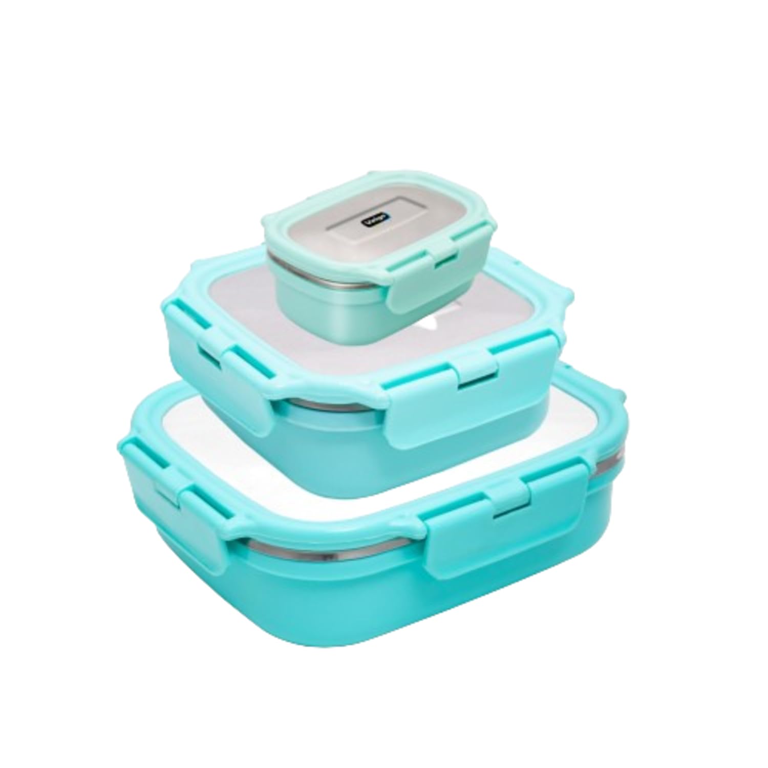 Veigo Lunchbox Set (Pack of 3) Microwave Safe Insulated Steel Square & Rectangle Light Green (Large Medium & Small)(630ml + 330ml + 180ml) for Home, Office, Kids |Air Tight & Leakproof Lid Lock