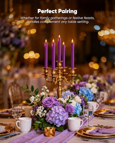 Image of Homemory 3 Pcs Waxy Purple Flameless Taper Candles with Remote Timer, LED Fake Candlesticks, 9.6 Inches Battery Tall Candle with 3D Flickering Flame for Wedding, Dinner, Christmas Anniversary Decor