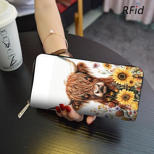 Image of RFID Blocking Leather Wallet for Women - Large Capacity Zip Around Clutch with 8 Card Slots,41 Cash Pockets & Coin Zipper,Sunflower Highland Cattle