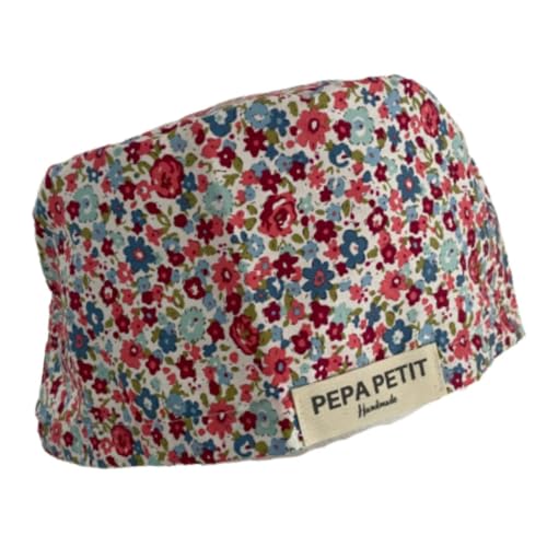 PEPA PETIT Gorro Quirúrgico Floral mujer, Ajustable, 100% Algodón, para Personal Sanitario, médico, enfermera, dentista, auxiliares. Diseño Flores Rojas y Azules L - PELO LARGO