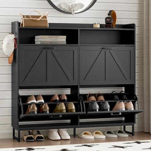Image of BORNOON Shoe Cabinet with 4 Flip Drawers Narrow Shoe Storage Cabinet Organizer Wooden Freestanding Shoe Rack Hidden Slim Shoes Storage Cabinet for Entryway, Hallway, Living Room, Bedroom