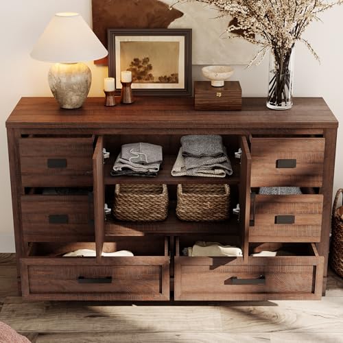 Image of WAMPAT 54 inch W Large Sideboard Buffet Cabinet with Storage,Wood Farmhouse Sideboard Table with Barn Doors and Drawers for Kitchen,Dining Room,Coffee Bar,Dark Brown